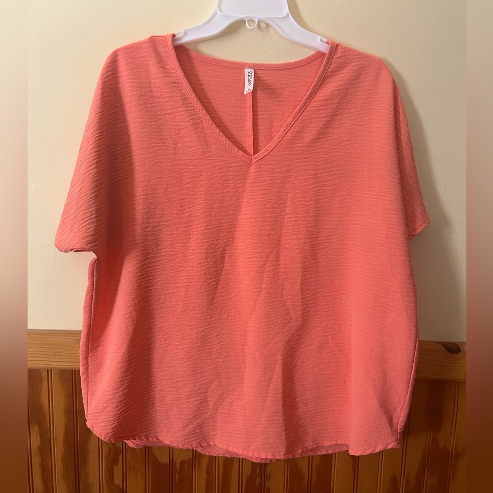 Zenana Outfitters Coral Short Sleeve V-Neck Textured Top